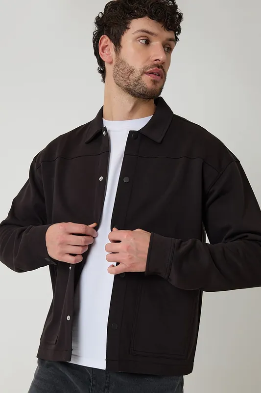 Popper Fastening Cropped Fit Shacket - Threadbare