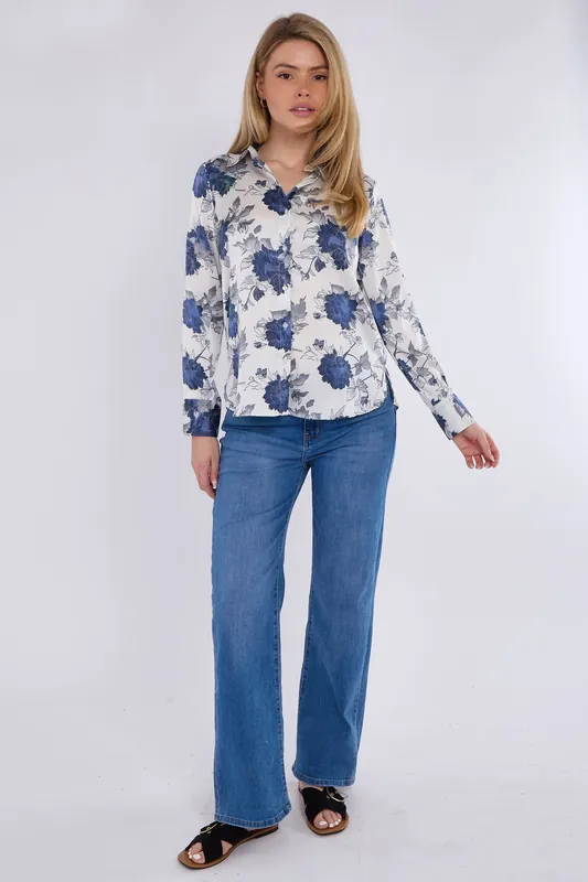 Floral Print White Satin Shirt - Love Sunshine