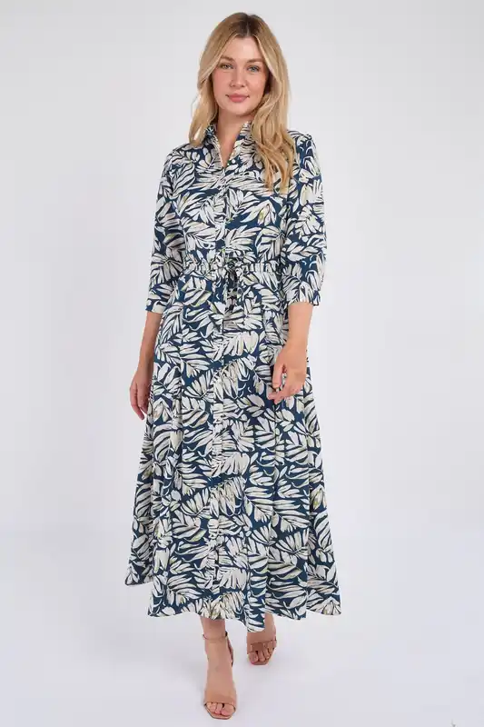 Navy Leaf Print Maxi Shirt Dress - Love Sunshine