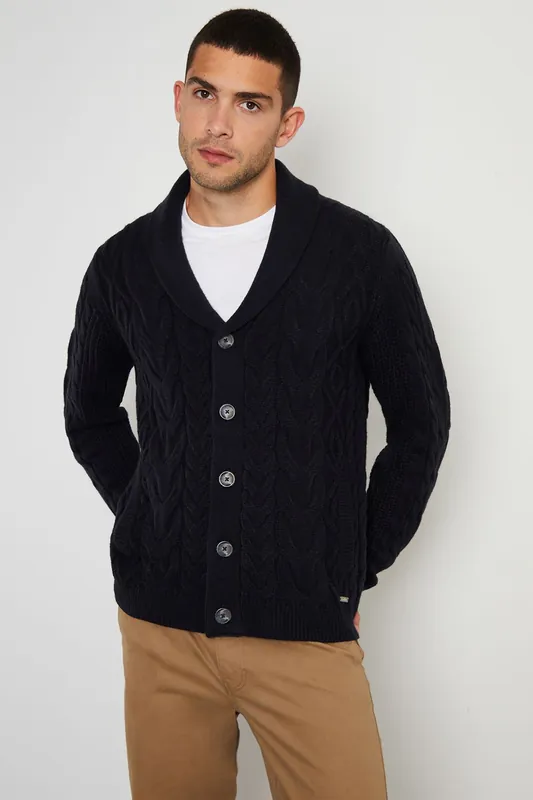 Finchley' Cable Knit Shawl Collar Cardigan With Wool - Threadbare