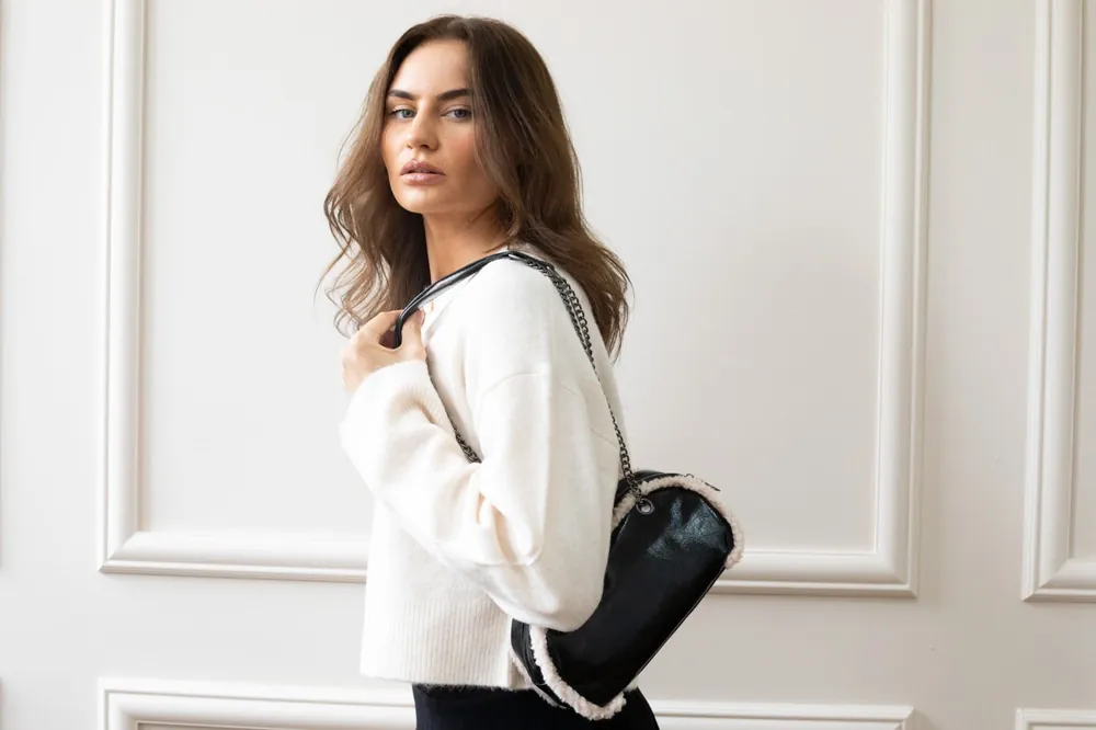 Patent Shoulder Bag with Borg Fur Trim - SVNX