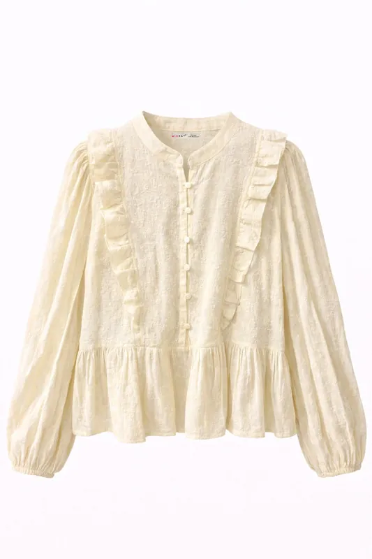 Frilly Floral Blouse with Mandarin Collar - MixRay