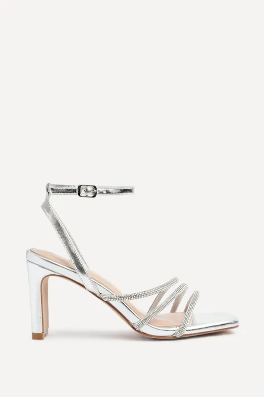 Glimmer Silver Faux Leather Diamante Block Heel - Linzi