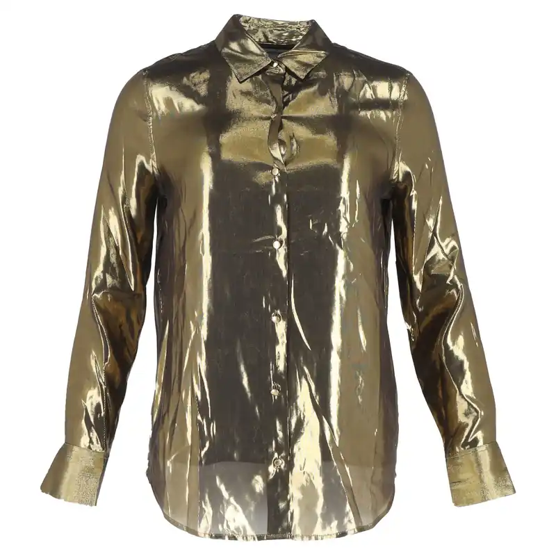 Preloved Button-Down Shirt in Metallic Gold Silk