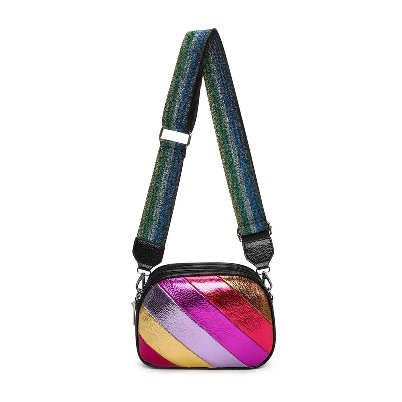 Rainbow Style Metallic Stripes Triple Compartments Crossbody Bag - Kitise
