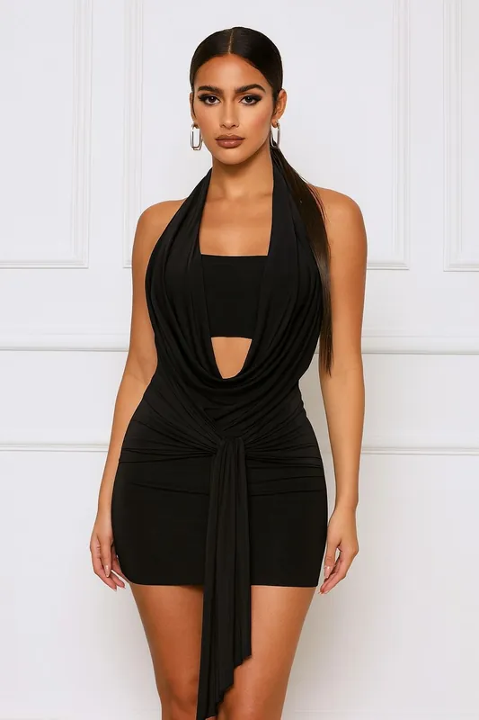 Draped Cowl Halter Neck Bodycon Mini Dress - STYLEWISE