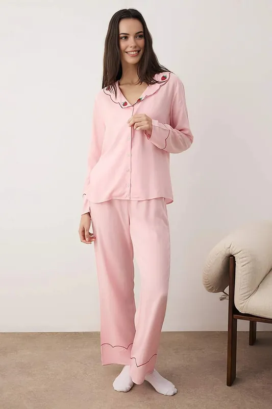 Strawberry Embroidered Scallop Trim Long Sleeve Pyjama Set - WOVCOR