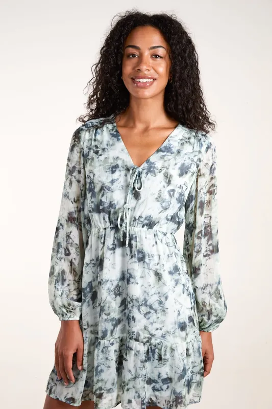 Tie Front Watercolour Mini Dress - Blue Vanilla