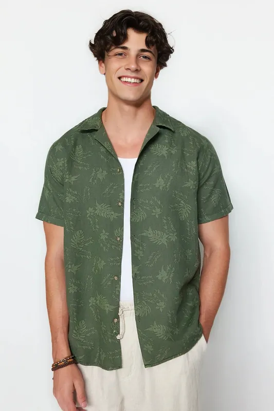 Regular Fit Short Sleeve Printed Open Collar Shirt - WOVCOR