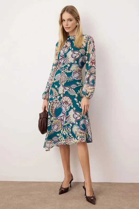 Printed Lined Chiffon Midi Woven Dress - WOVCOR