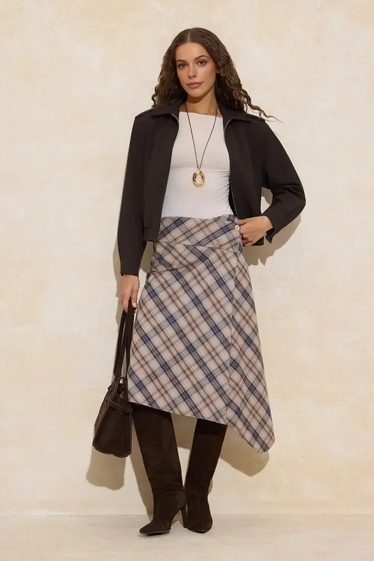 Check Bias Cut Asymmetric Hem Woven Midi Skirt - WOVCOR