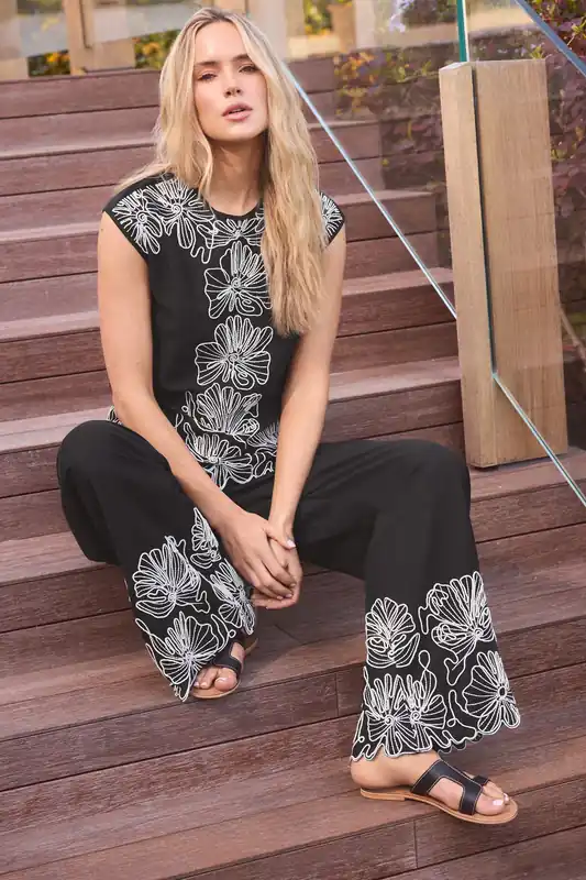 Tall Floral Embroidered Linen Wide Leg Trousers - Long Tall Sally