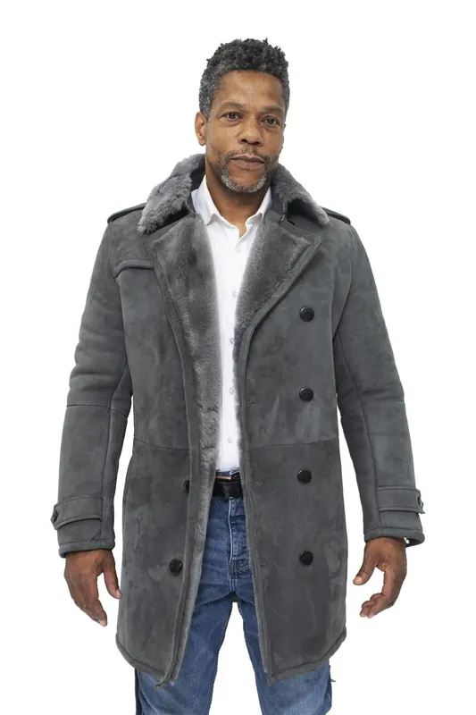 Shearling Sheepskin Suede Pea Coat-Kempston
