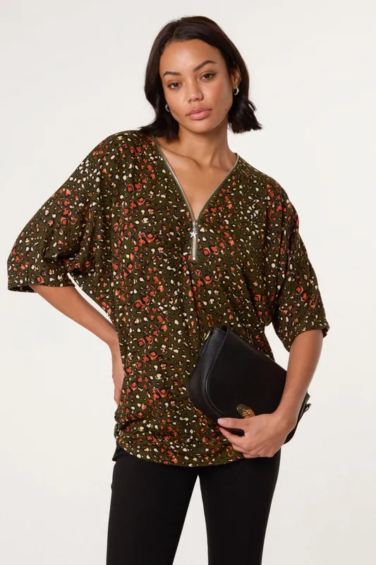 Khaki Printed Zip Front Top - Blue Vanilla