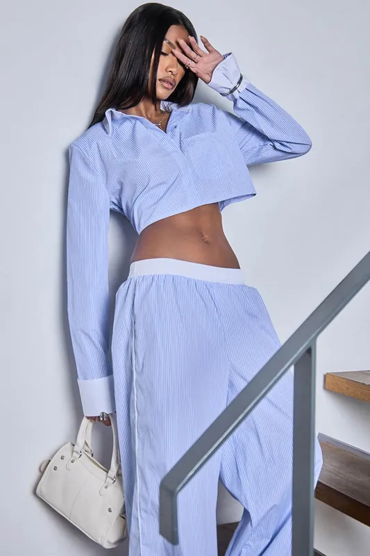 Long Sleeve Contrast Cuff Pinstripe Cropped Shirt - EGO