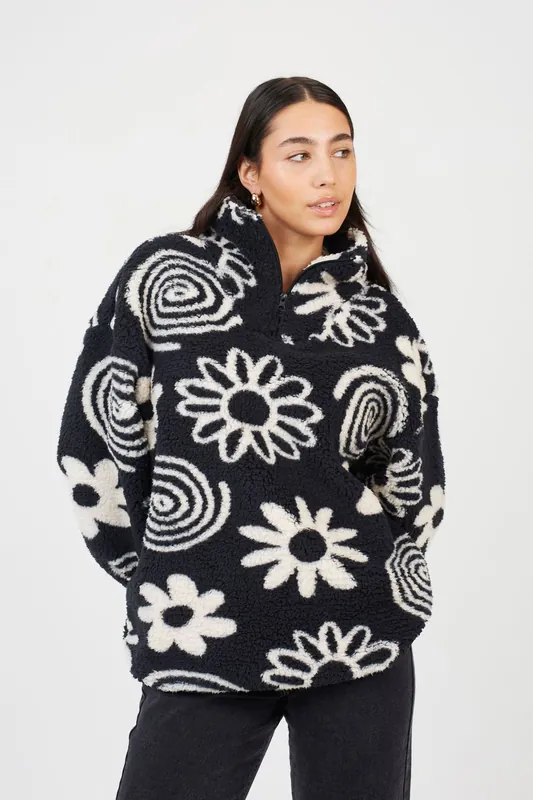 Quarter Zip Flower Print Sherpa Fleece - Brave Soul