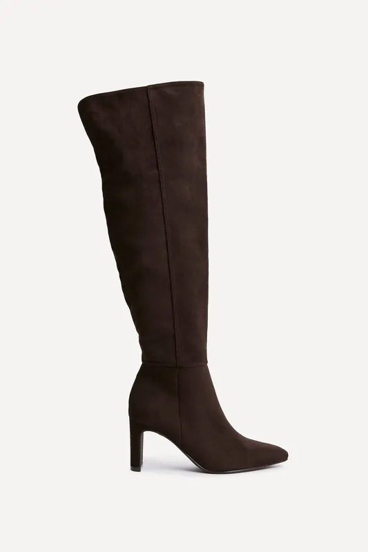 Demand Brown Faux Suede Over The Knee Block Heeled Boot - Linzi