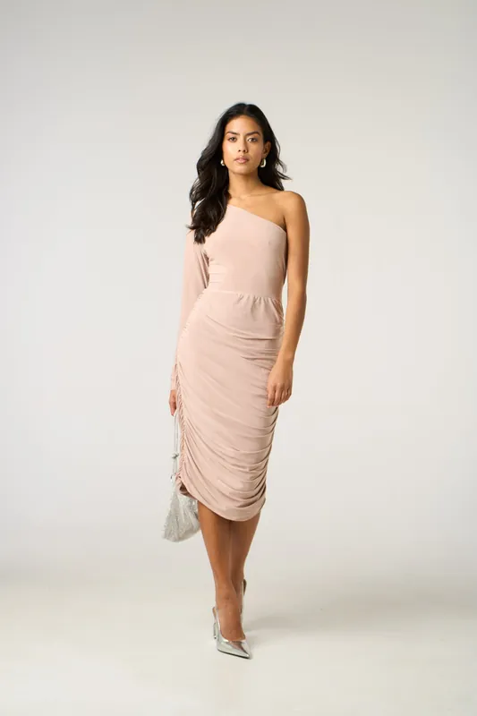 One Shoulder Ruched Slinky Midi Dress - Femme Luxe