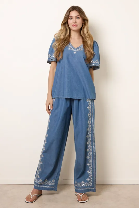 Blue Floral Embroidery Wide-Leg Trousers