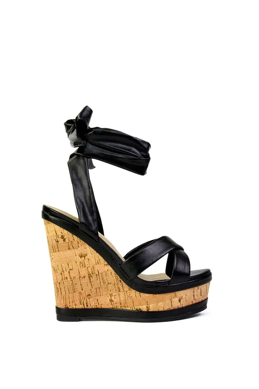Kammie' Lace Up Strappy Cork Platform Wedge Heel Sandal Shoes - XY London