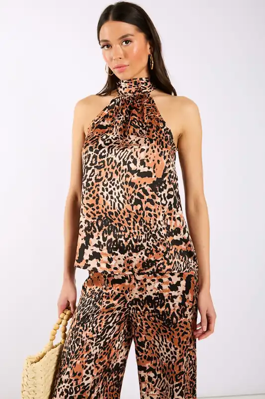 Brown Animal Printed Halter Neck Top - Needs No Label
