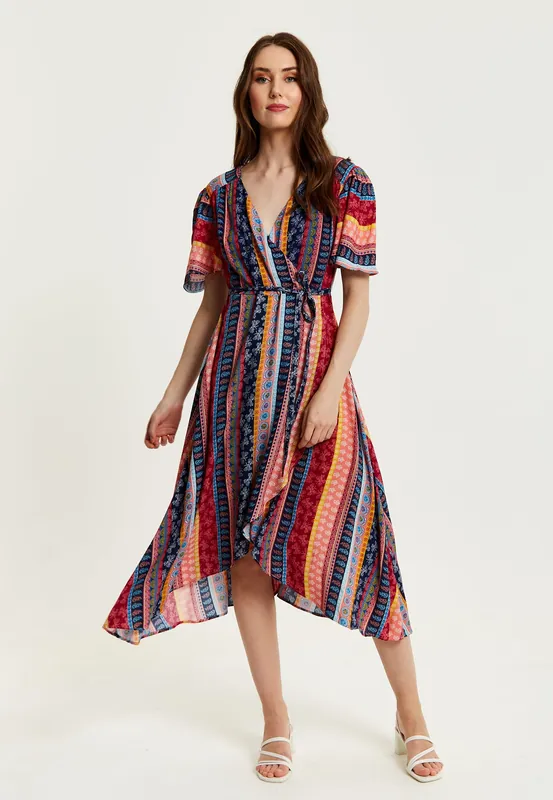 Multicolour Paisley Print Midi Wrap Dress - Liquorish