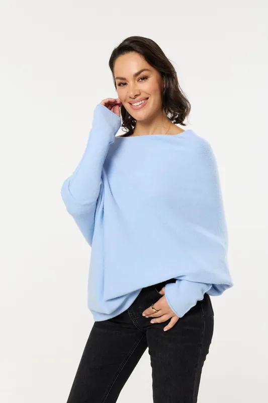 Blue Off Shoulder Batwing Knit Jumper - Liquorish