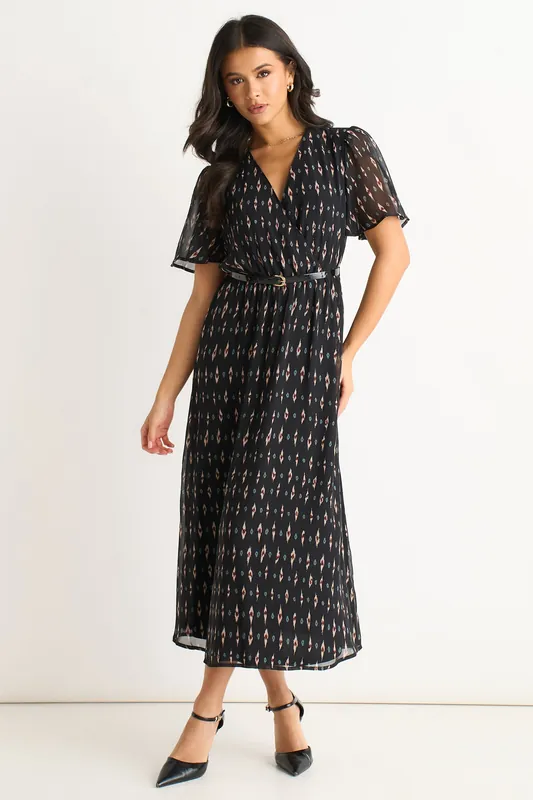 Black Geo Wrap Front Silk Fit And Flare Midi Dress - Gini London