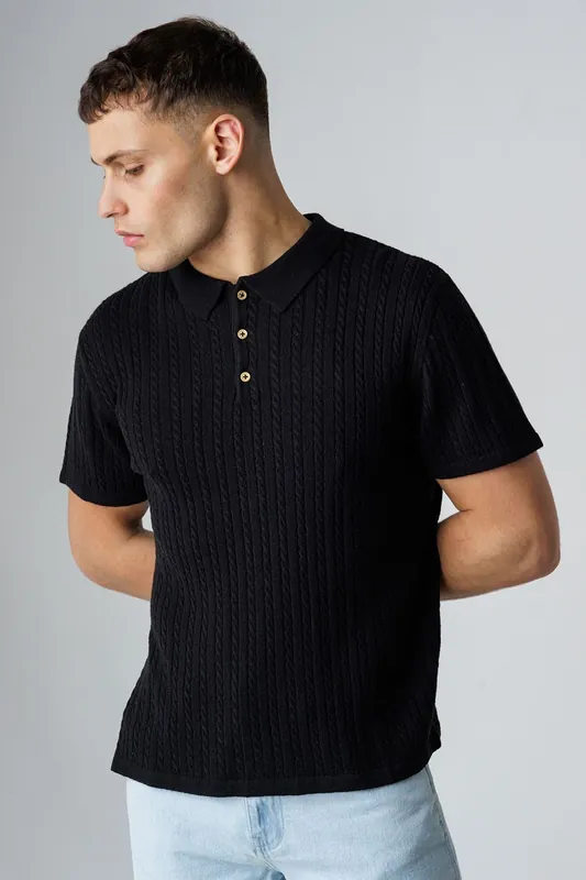 Cable Knit Short Sleeve Knit Polo Shirt - Influence