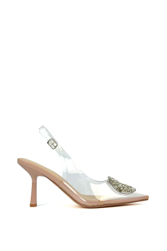 Aiysha' Clear Perspex Slingback Jewel Court Shoes Heels with Pointed Toe - XY London
