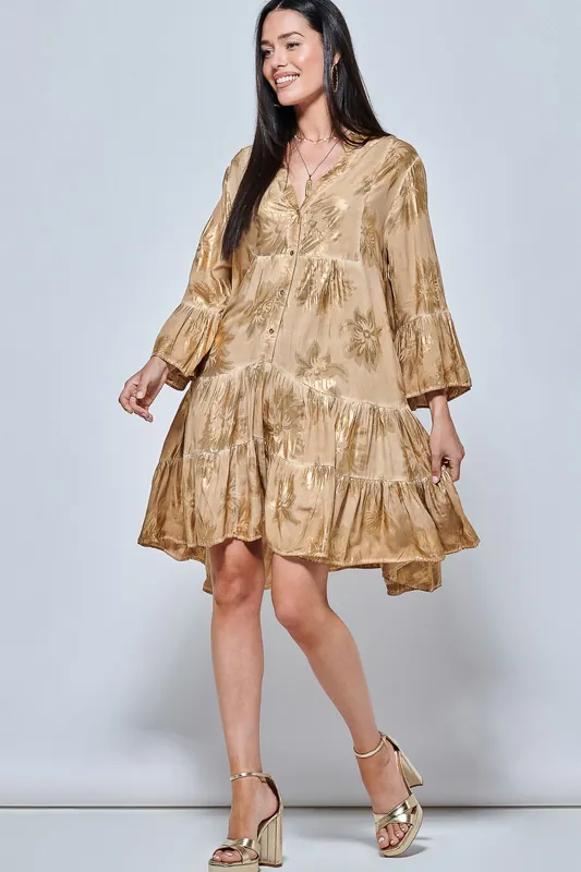 Printed Tiered Hem Holiday Midi Dress - Jolie Moi