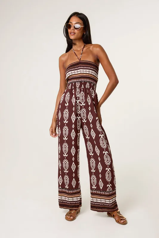 Brown Ethnic Print Strapless Elasticated Jumpsuit - Blue Vanilla