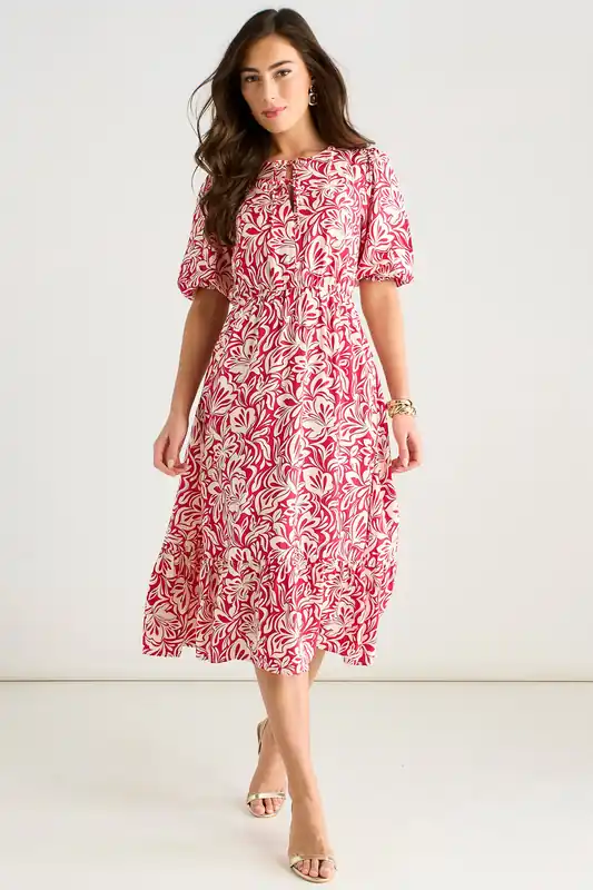 Red Paisly Print Elasticated Waist Midi Dress - Gini London