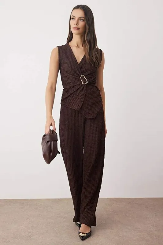 2-Piece Textured Wrap Top and Wide Leg Knit Set with Buckle Detail