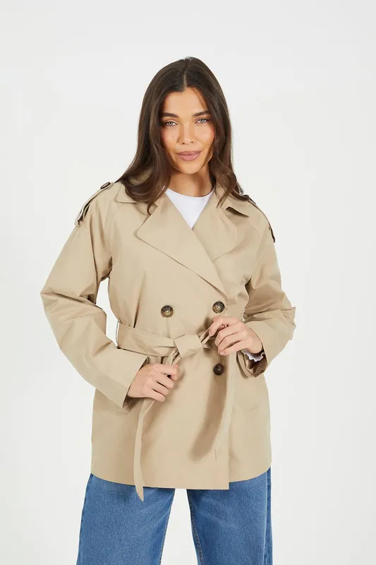 Double Breasted Short Mac with Self Tie Belt - Brave Soul