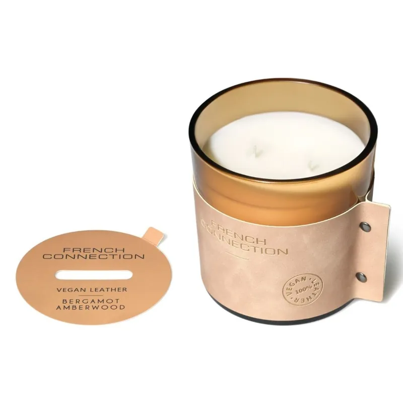 Bergamot & Amberwood Luxury Leather Candle 340g – Single Wick - French Connection