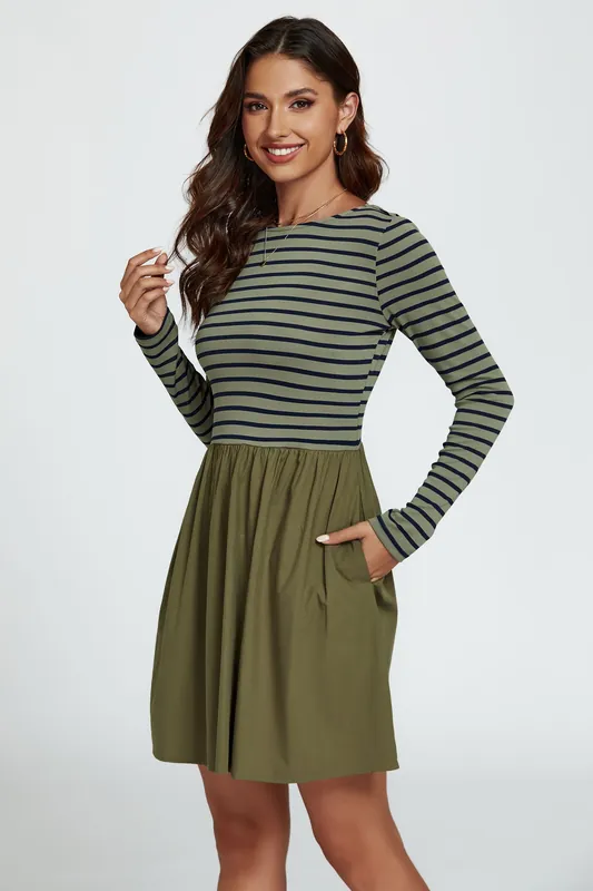 Long Sleeve Stripe Mini Dress In Olive - FS Collection