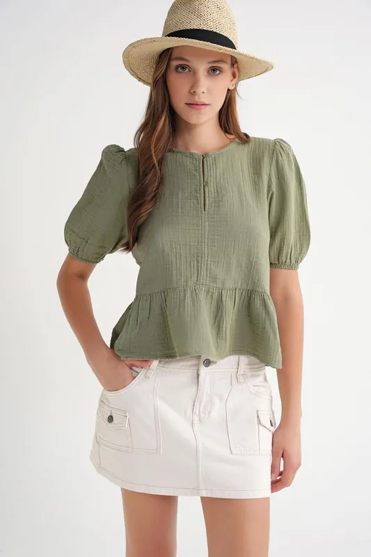 Textured Muslin Crew Neck Blouse with Button Closure - MixRay