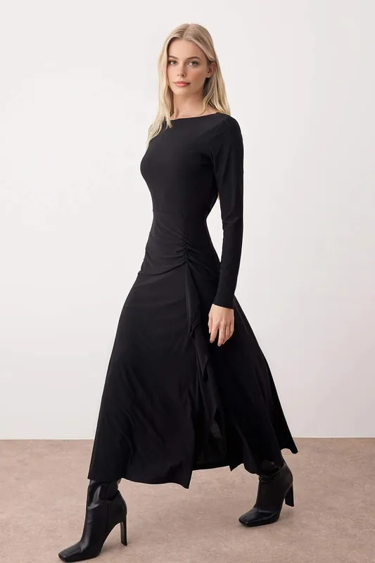 Boat Neck Long Sleeve Maxi Knit Dress with Ruffle Detail - WOVCOR