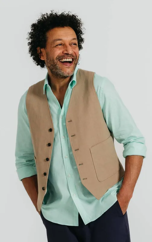 Tan Linen Twill Waistcoat - Dobell