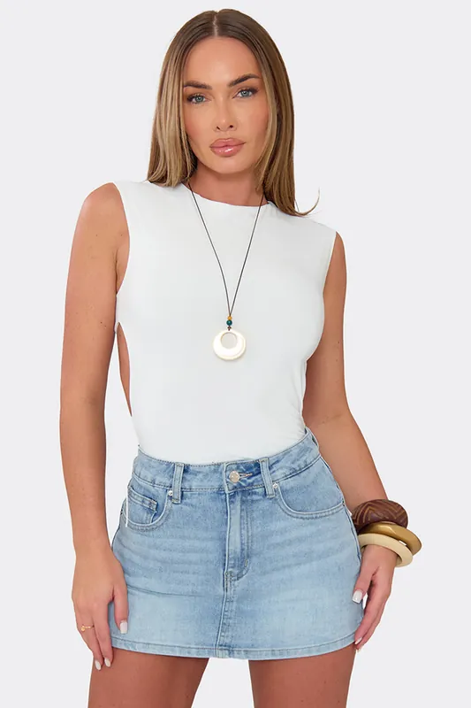 Sleeveless Crew Neck Open Back Slinky Bodysuit - EGO