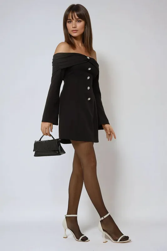 Exclusive Tailored Off Shoulder Mini Dress with Button Detail - Hiccup