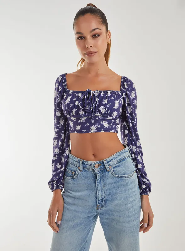Floral Printed Long Balloon Sleeve Top - Pink Vanilla