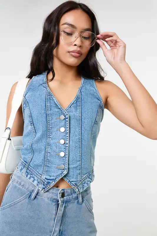 Light Blue Denim Fitted Waistcoat - Pink Vanilla