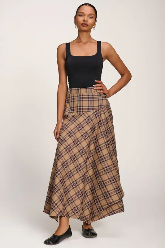 Check Asymmetric Woven Maxi Skirt - Jolie Moi