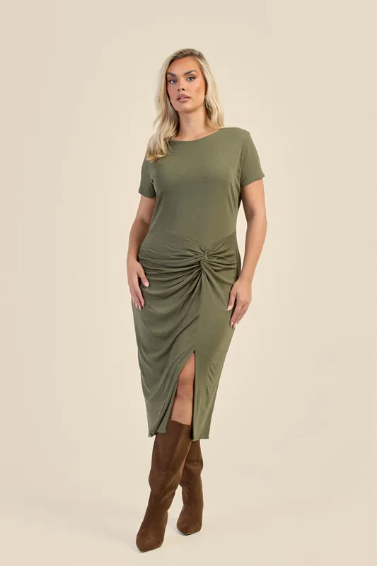 Curve Textured Knit Knotted Front Midi Dress - FASHION-SZN