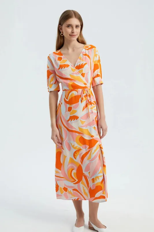 Abstract Surplice Neck Short Sleeve Maxi Dress with a Side Slit - Hiccup