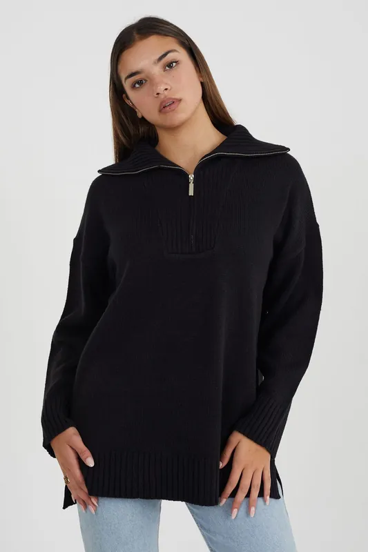 Oversized Zip Collar Knitted Jumper - Brave Soul