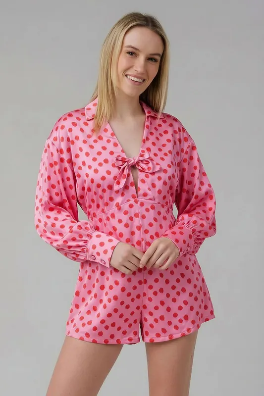 Polka Dot Satin-Style Plunge Neck Tie Long Sleeve Playsuit