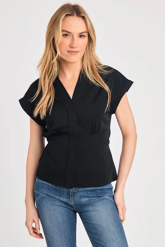 V-Neck Button Up Short Sleeve Crepe Blouse
